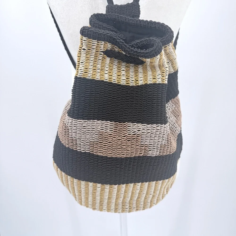 Stone Mountain Woven Striped Drawstring Backpack Black Tan Cream Boho Bucket Bag